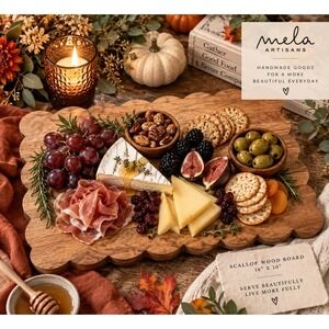 Mela Artisans Scallop Wood Board 16x10 Mango Wood Charcuterie Serving Tray NEW